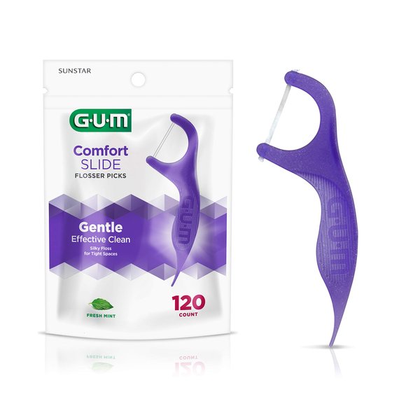 GUM Comfort Slide Floss Picks - Perfect for Tight Teeth - Extra Strong Shred-Resistant Dental Floss, Easy Grip Handle - Dental Flossers for Adults - Fresh Mint Flavor, 120ct