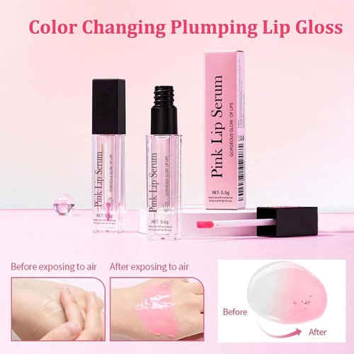 Color Changing Lip Gloss, Pink Tinted Lip Plumper Serum - Natural Moisturizing Balm for Repair, Hydration & Fine Line Reduction，Pink Lip Serum
