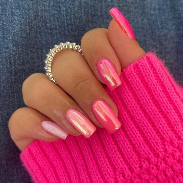Chrome Pink Press on Nails Medium Square Fake Nails Full Cover Acrylic Nails Glossy Glue on Nails Aurora Artificial Nails Pearl Flash Stick on False Nails with Design for Women Nail Manicure Kit 24pcs