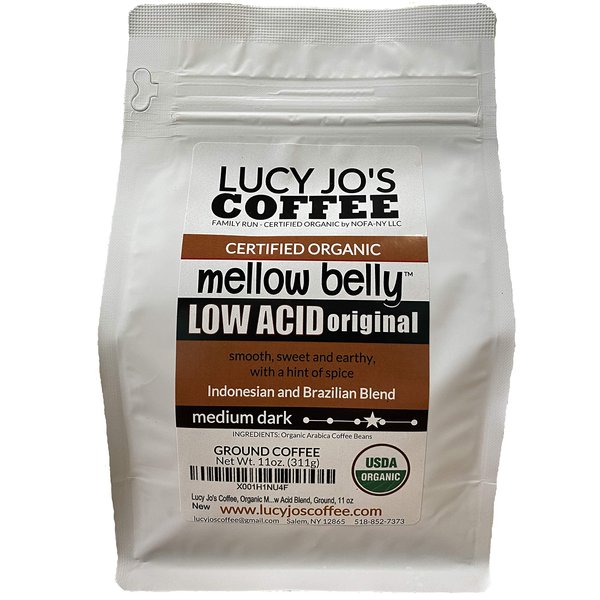 Lucy Jo's Coffee Roastery, Organic Mellow Belly Low Acid Blend, Medium Dark, Ground, 11 oz (11 OZ)