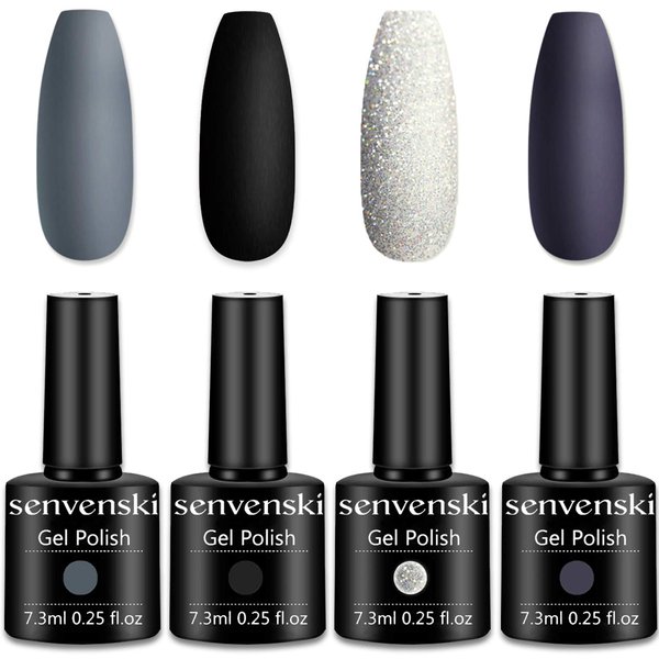senvenski Grey Black Gel Nail Polish, White Glitter Dark Purple Charcoal Gel Polish Shimmer Crystal Girlfriend Gift Soak Off Set UV LED Art Varnish (CS010)