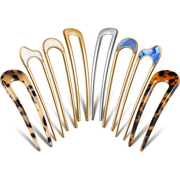 8 Pieces U-Shaped Hairpin French Style Hair Stick Tortoise Shell Metal Hair Pin Fork Sticks with 2 Prongs Updo Chignon Pins Hair Styling Accessories for Women Girls (Light Tortoise, Tortoise Shell)