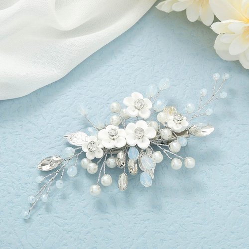 Latious Wedding Bridal Hair Clip Silver Flower Bride Hair Barrette Rhinestones Hair Clips Pearl Hair Piece Bridesmaids Hair Accessories for Women and Girls