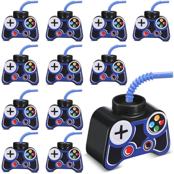 Mifoci 12 Pcs Plastic Video Gaming Party Favor Gift Supplies Cups with Straw and Lid,10oz Gamer Birthday Party Video Game Shape Drink Cups for Boy Video Game Party (Blue)