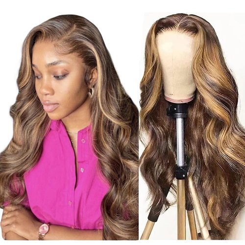 WOWQUEEN Ombre Lace Front Wig Human Hair 4/27 Highlight Honey Blonde 13x4 HD Transparent Lace Front Wigs Human Hair Pre Plucked Colored Glueless Body Wave Frontal Wigs for Women 180% Density 24 Inch