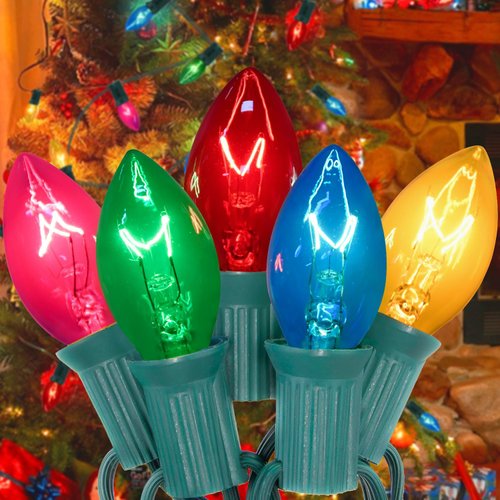 25FT C7 Christmas Lights Outdoor, Clear Multicolor Christmas Lights with 27 Clear Colorful Bulbs (2 Spare), Hanging Vintage Christmas Lights for Christmas Day Prom Party Wedding Decor, Green Wire