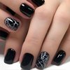 Acrylic Press on Nails Short Square Fake Nails Black Full Cover Glue on Nails White Crack Designs False Nails Press ons Glossy Artificial Stick on Nails for Women & Girls 24Pcs
