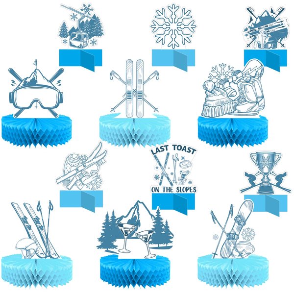 12 Pcs Ski Party Decorations Last Toast on the Slopes Honeycomb Centerpieces Blue Ski Bachelorette Party Supplies with Ski Snowflake Goggle Lift for Bridal Shower Bachelorette