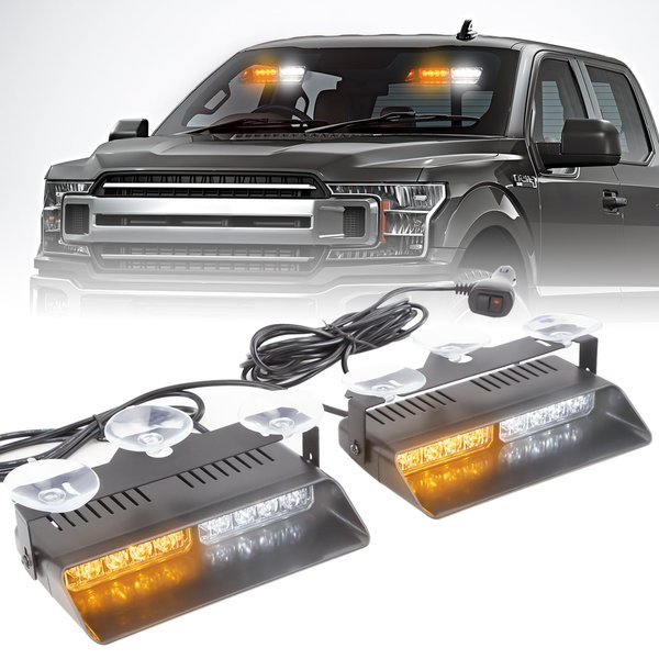 PKINGLAKE 2 in 1 LED Emergency Dash Strobe Light Bar Front/Rear Windshield Safety Flashing Warning Hazard Interior Lights for Police Firefighter Construction Vehicles Trucks (2x7.5 inch, Amber/White)