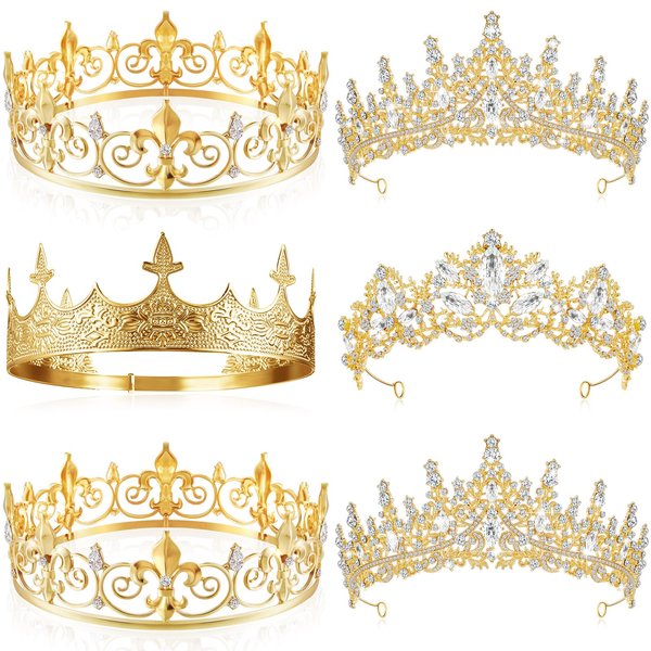 Juexica 6 Pieces Prom King Crown Metal Baroque King and Queen Prince Princess Crystal Headband Tiara Crown Wedding Bridal Accessories for Women Men(Gold, Delicate Style)