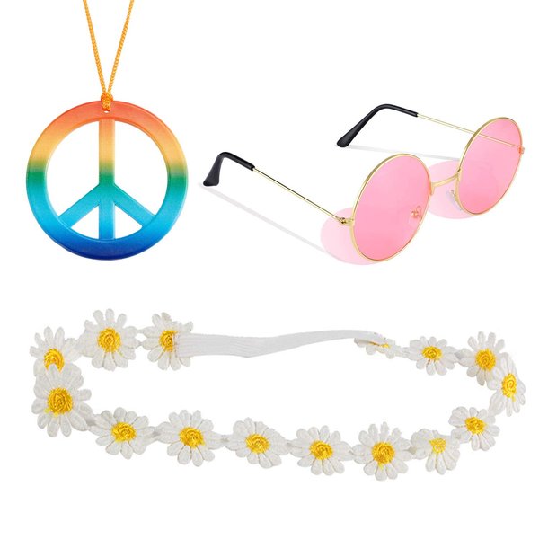 Hippie Costume Accessory - 70s Hippie Sunglasses, Rainbow Peace Sign Necklace, Flower Crown Headband for Women (3PCS)