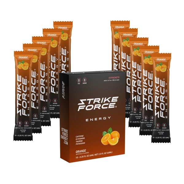 Strike Force Energy Drink Mix - Orange Flavor - Natural Tasting Caffeine Drink - Turn Any Drink into a Healthy Energy Drink - Zero Calories, Keto Friendly, Sugar Free, Pre Workout (10 Liquid Packs)