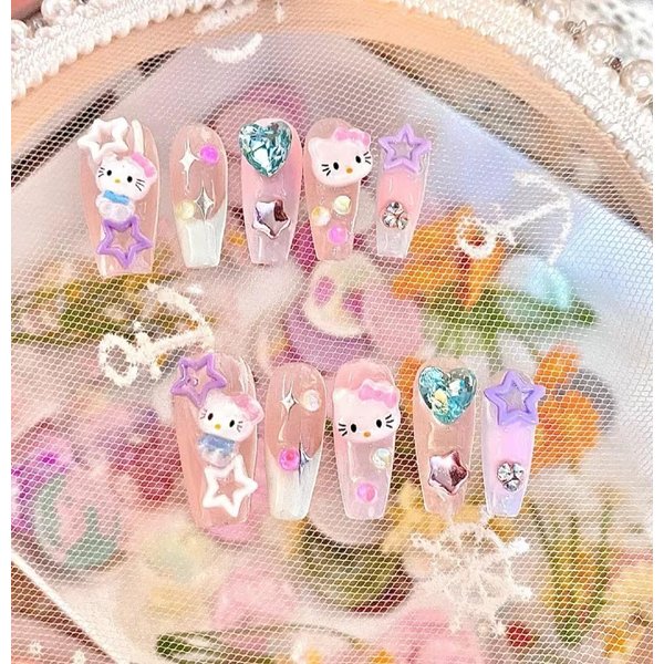 Handmade Press on Nails Medium Coffin - Cute Kawaii Cartoon Y2K 3D Cartoon Cat Design 10Pcs(S)