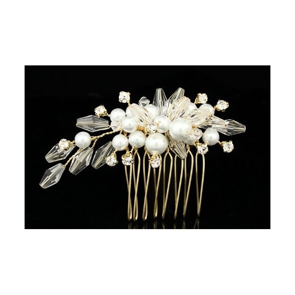 Crystal Pearl Flower Bouquet Bridal Wedding Tiara Hair Comb - Gold Plated Rhinestone Crystals Faux Pearls FC038