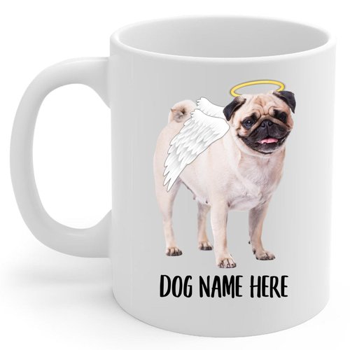 Personalized Name Cream Pug Angel Wings Memorial Coffee Mug - Sympathy Gifts for Dog Lovers White Cup 11 oz