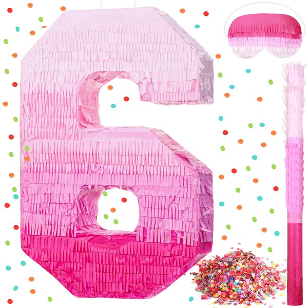 Number Pinata Number Birthday Pinata Decorations Gradient Pink Pinata with Stick Blindfold Confetti for Girls Boys Birthday Anniversary Party Decorations Supplies (Number 6)
