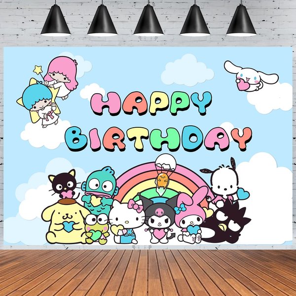 Hello Kitty, Kuormi, Cinnamoroll Birthday Party Supplies, Happy Birthday Backdrop for Kawaii Sanro Theme Party, 5 x 3 FT Keroppi Birthday Banner for Girls Boys Kids Birthday Party Decorations