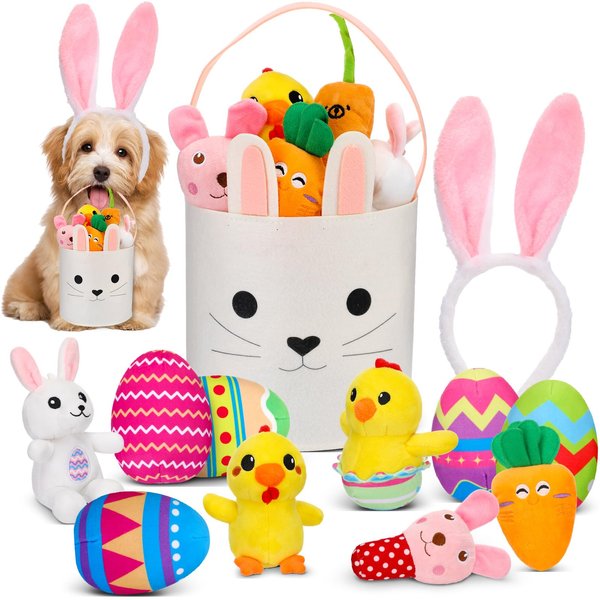 Glimin 12 Pcs Easter Basket Playset, Easter Dog Toys, Dog Squeaky Toys Plush Easter Eggs Bunny Shape Stuffed Dog Toy Interactive Chew Toy for Dogs Training Teeth Easter Decoration