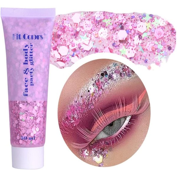 Body Glitter Gel, Holographic Face Body Glitter Sequins Liquid Holographic Glitter Gel, Long Lasting Sparkling Glitters for Face Body Eye Lip Hair Nail Festival Makeup 50ml (Pink)