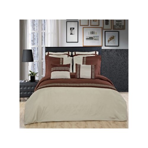 Luxurious Astrid Sage & Chocolate Embroidered 7 Piece (7PC) Queen Size Comforter Cover (Duvet Cover) Set, Ultra Soft Single Ply Wrinkle Free Brushed Microfiber.