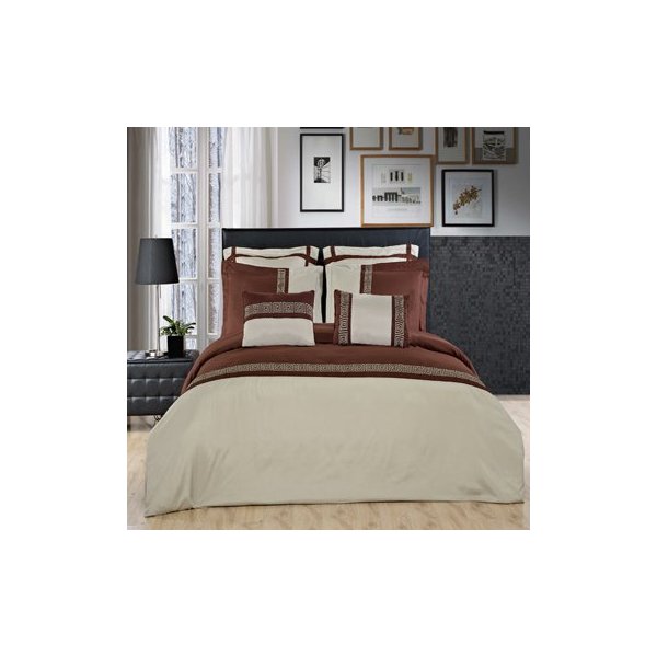Luxurious Astrid Sage & Chocolate Embroidered 7 Piece (7PC) Queen Size Comforter Cover (Duvet Cover) Set, Ultra Soft Single Ply Wrinkle Free Brushed Microfiber.