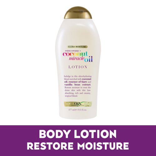 OGX Extra Creamy + Coconut Miracle Oil Ultra Moisture Body Lotion with Vanilla Bean, Fast-Absorbing Lotion for All Skin Types, Paraben-Free and Sulfated-Surfactants Free, 19.5 fl oz