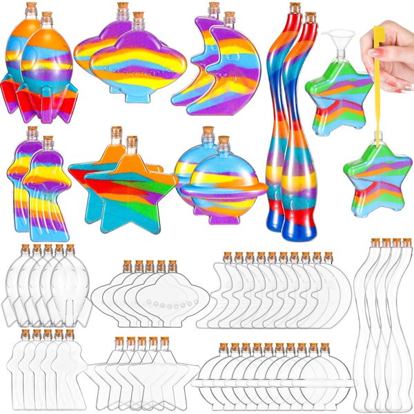 Tanlade 50 Pcs Plastic Sand Art Bottles with Cork Stoppers for Kids 8 Styles Sand Art Containers Wishing Bottles for DIY Art Crafts Projects Halloween Christmas Party Supplies