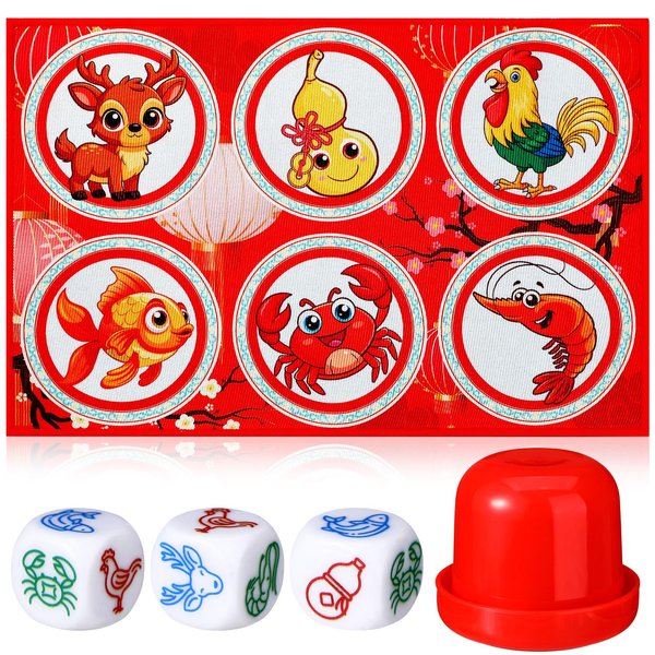 VioraWhite BAU Cua Dice Game Set Gourd Fish Shrimp Crab Dice with Mat Shaker Vietnamese BAU Cua Ca Cop Game BAU Ca Tom Cua Klah Klok for Lunar New Year, Gatherings, Celebrations