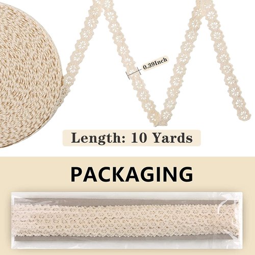 Takemay Cotton Lace Ribbon, Beige Lace Trim for Scrapbooking Gift Package Wrapping,Crocheted Lace Trim DIY Craft Ribbon,10 Yards (1CM)