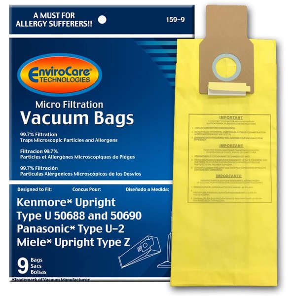 EnviroCare Replacement Micro Filtration Vacuum Cleaner Dust Bags made to fit Kenmore Upright Type U/L/O 50688 and 50690, Panasonic Type U-2, Miele Type Z. 9 pack