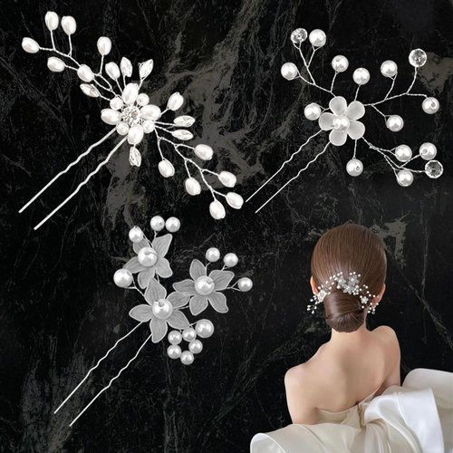 Wedding Hair Pins for Bride Bridal Hair Accessories Hair Clips Flower Pearl Hair Pin Wedding Hair Pieces for Brides Bridesmaids Flower Girl Headpiece for Women Girls Wedding Hair Pin Silver 3 Pcs