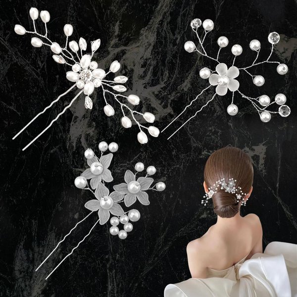 Wedding Hair Pins for Bride Bridal Hair Accessories Hair Clips Flower Pearl Hair Pin Wedding Hair Pieces for Brides Bridesmaids Flower Girl Headpiece for Women Girls Wedding Hair Pin Silver 3 Pcs