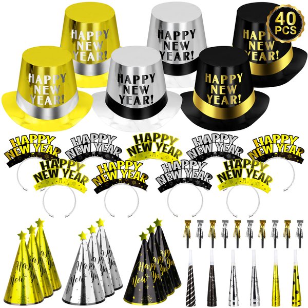40PCS New Years Party Supplies 20 Guests, New Years Party Favors Gold Black, New Years Accessories Cardboard Plastic, Tiaras Top Hat Fringed NYE Noise Makers Star Cone Hat Horns for New Years Party