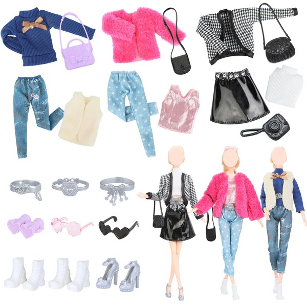 BIGSENYAO Doll Clothes & Accessorises Set,Including Coat,Vest,Jeans,Handbag,Glasses,Belt,Shoes,Fashion Dolls Costume Toys,Suitable for Kids Age 3-6-9-12,Gifts for Girls