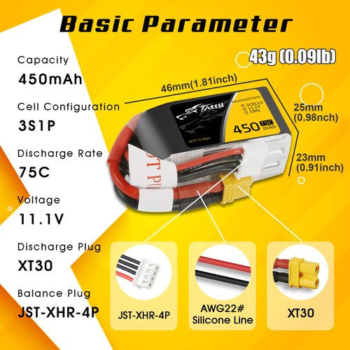 TATTU 11.1V 3S 450mAh 75C LiPo Battery Pack with XT30 Plug for Multirotor FPV 90 to 150 Size
