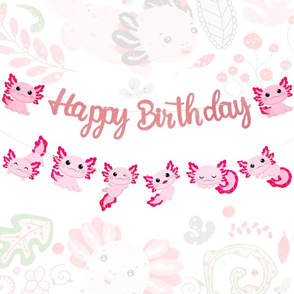 Trandraft 2 Pcs Axolotl Birthday Banner Axolotl Birthday Decorations Axolotl Happy Birthday Garland Pink Cartoon Birthday Sign Axolotl Party Favors for Kid Girl Boy Reptile Animal Birthday Baby Shower