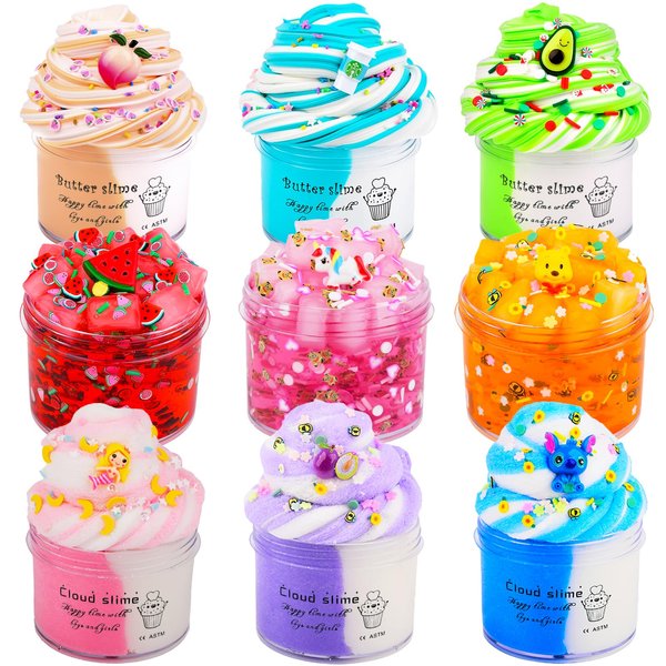 Slime Kit 9 Pack, with 3 Jelly Cube Crunchy Slime and 3 Cloud Slime and 3 Butter Slime, Soft Stretchy Clear Crunchy Slime, for Stress Relief Toy Girls Boys, Party Favors, Birthday Gift