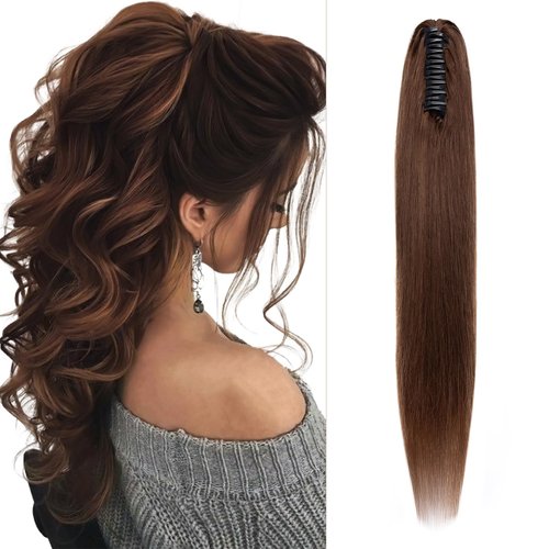 Fellissy Claw Clip Ponytail Extension human hair ponytail extension for Women Long straight ponytail extension hair extensions real human hair ponytail 22inch #04 Chocolate Brown