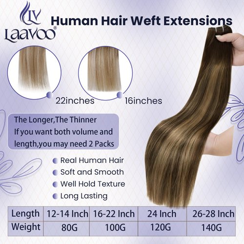 LaaVoo Brown Weft Hair Extensions Human Hair 20 Inch Balayage Medium Brown Fading to Caramel Blonde Sew in Hair Extension Real Human Hair Natural Real Hair Extensions Weft Long Straight 100g
