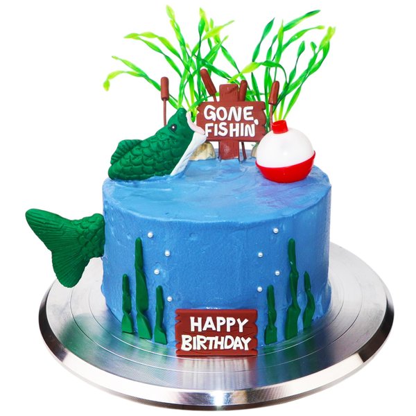 Fishing Cake Topper Fishing Cake Decoraions, Fishing Brithday Party Decorations Gone Fishing Cake with Bass Reed Happy Birthday Sign, Fish Birthday Party Decorations (Fishing Cake Topper A)