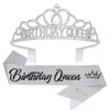 CIEHER Silver Birthday Decorations - Birthday Queen Crown and Sash Set, Birthday Crown for Women Girls Birthday Sash Birthday Tiara Birthday Party Decorations, Great Gifts