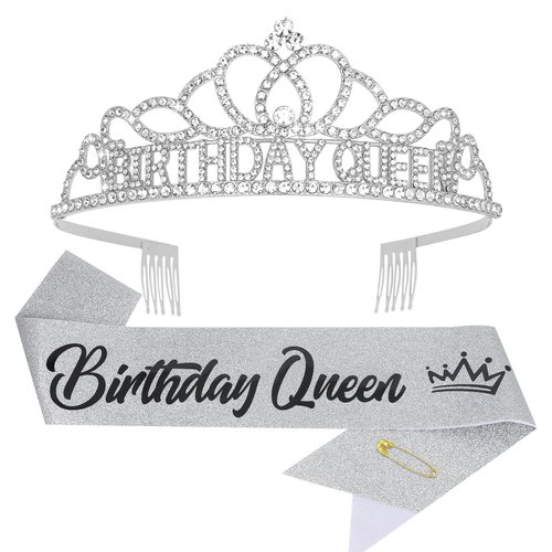 CIEHER Silver Birthday Decorations - Birthday Queen Crown and Sash Set, Birthday Crown for Women Girls Birthday Sash Birthday Tiara Birthday Party Decorations, Great Gifts