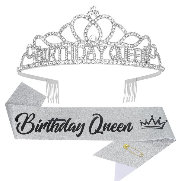 CIEHER Silver Birthday Decorations - Birthday Queen Crown and Sash Set, Birthday Crown for Women Girls Birthday Sash Birthday Tiara Birthday Party Decorations, Great Gifts