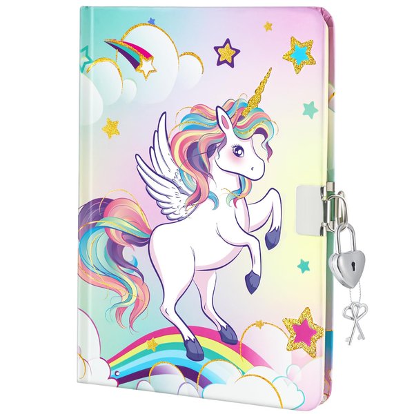WERNNSAI Unicorn Journal for Girls - Glitter Kids Diary with Lock Notebook Birthday Christmas Gift School Travel Journal Hardcover A5 Private Secret Diary Writing Drawing Notepad with Lock and Keys