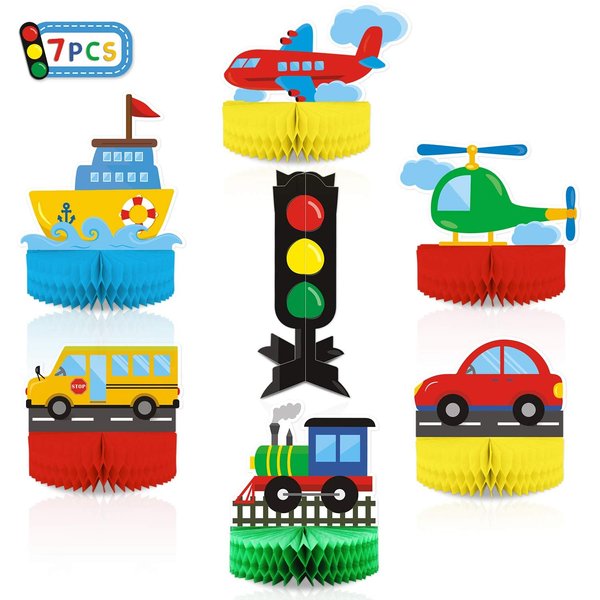 Transportation Honeycomb Centerpieces Transportation 3D Table Decorations Car Bus Train Plane Ship Helicopter Traffic Light Table Toppers for Kids Construction Birthday Party Baby Shower Photo Props
