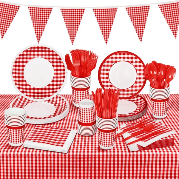 durony 146 Piece Red and White Plaid Gingham Party Supplies Tableware Set Disposable Paper Plates Napkins Cups Cutlery Spoons Tablecloth Banner for Picnic Decorations Birthday Party Family Dinner