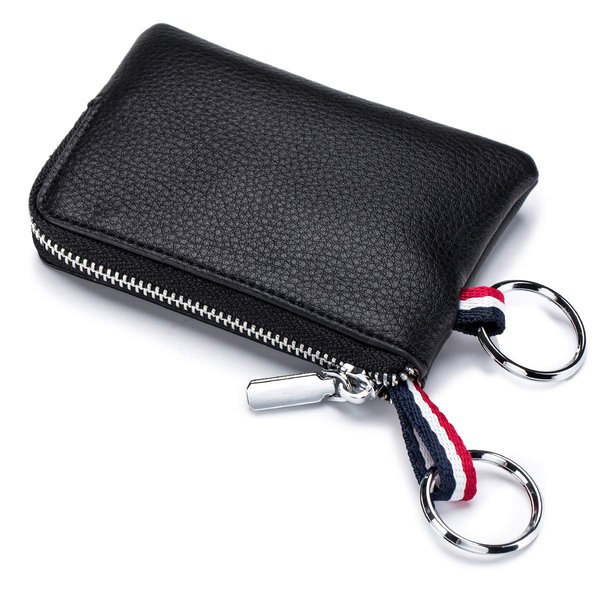 imeetu Leather Coin Purse Wallet, Mini Dual Keyrings Change Pouch Card Holder for Men Women (Black, standard)