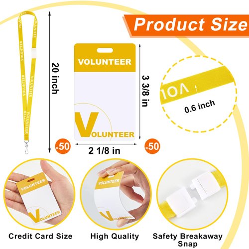Yeaqee 50 Set Volunteer Lanyards with Badges Reusable Volunteer Name Tags with Breakaway Lanyard Heavy Duty Plastic Identification Badge Identified Pass for Church, Event(Yellow)