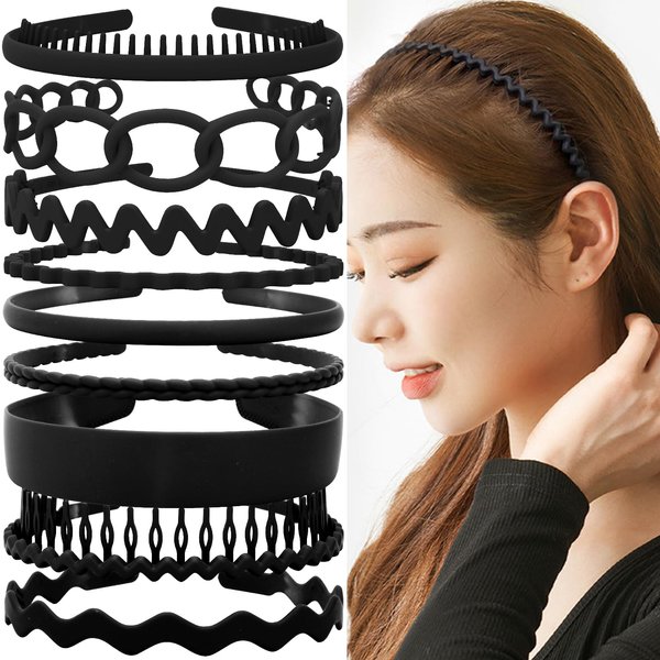 TOBATOBA 9Pcs Plastic Headbands, Black Headbands for Women Girls Non Slip, plastic headband with Teeth, Hairbands for Women's Hair, Thin Headbands Comb Headbands Hair Accessories for Women Girls