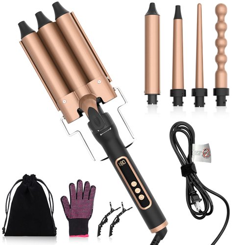 MQFORU Curling Iron 5 in 1 Curling Wand Set with 4 Interchangeable Hair Wands (0.35"-1.25") 3 Barrel Beach Waver, 28 TEM Adjustments& Digital Display, Include Heat Protective Glove &, 2 Clips